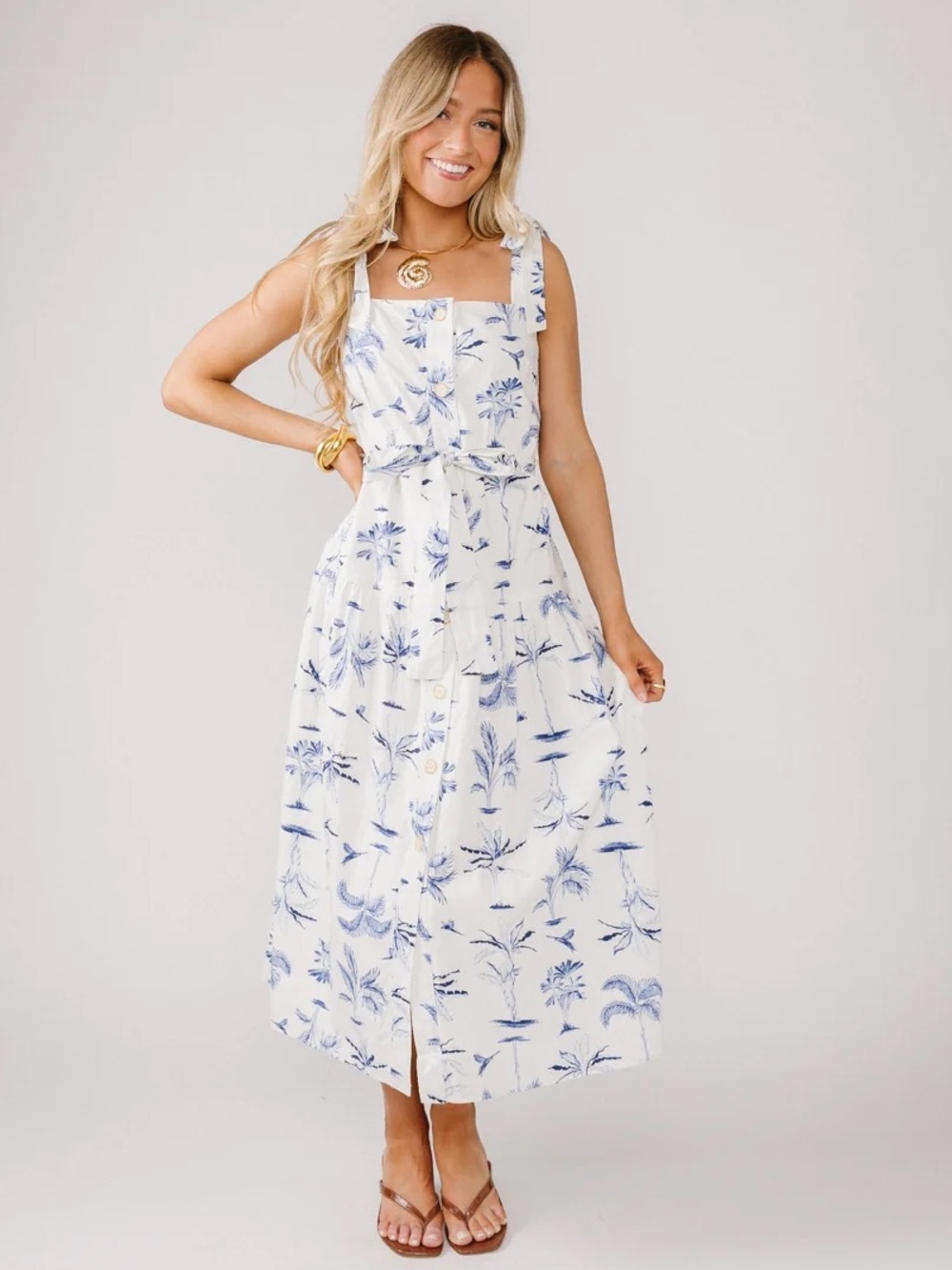 Vestique Dress Forum White & Blue Palm Print Tie-Waist Button Down Midi Dress